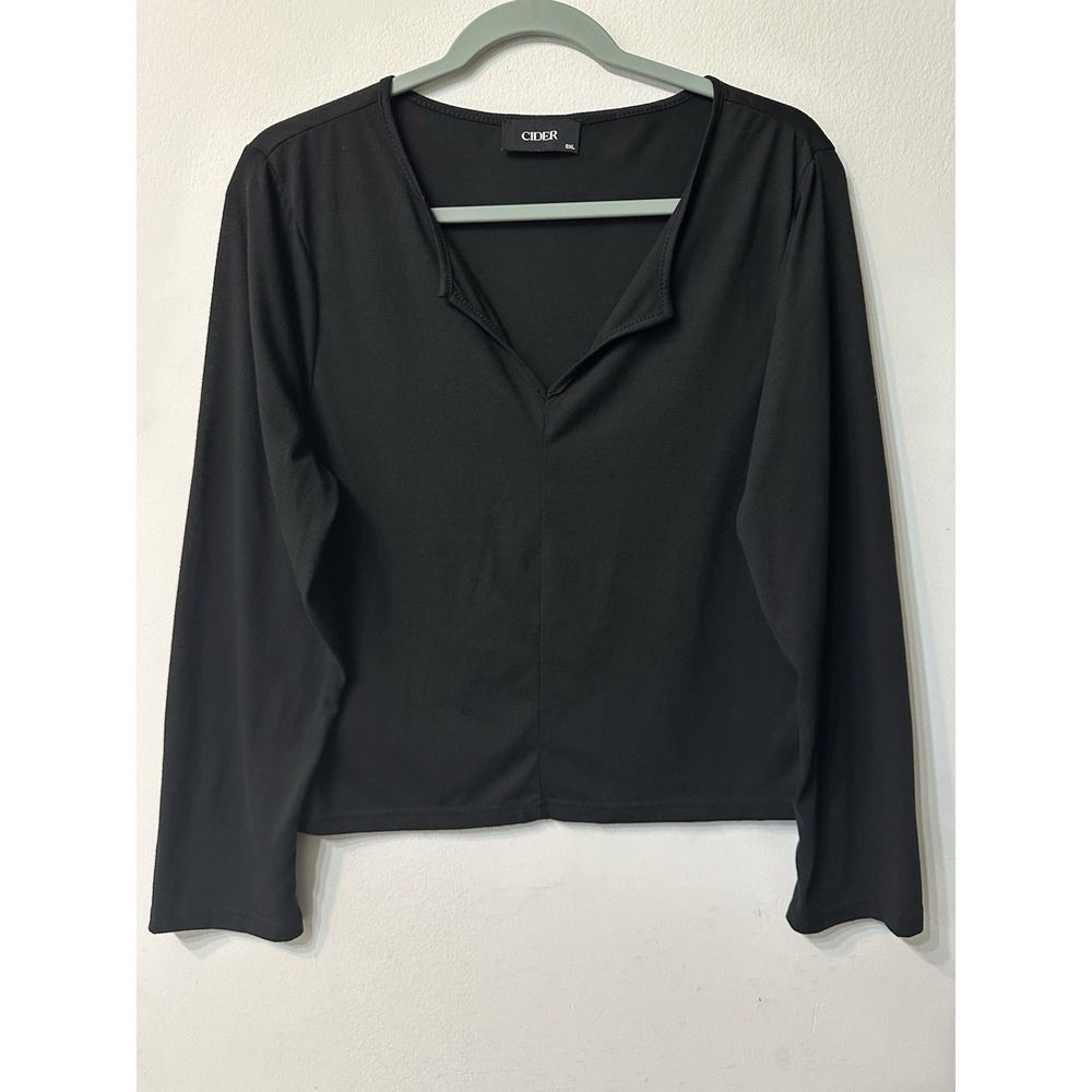 Cider Women 0XL Black Split Neck Long Sleeve Top Jersey Knit Stretch Notch VNeck